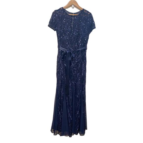 R&M Richards Navy Blue Sequin Satin Waist Belted  Party Cocktail Maxi  Dress 8us - Picture 4 of 14